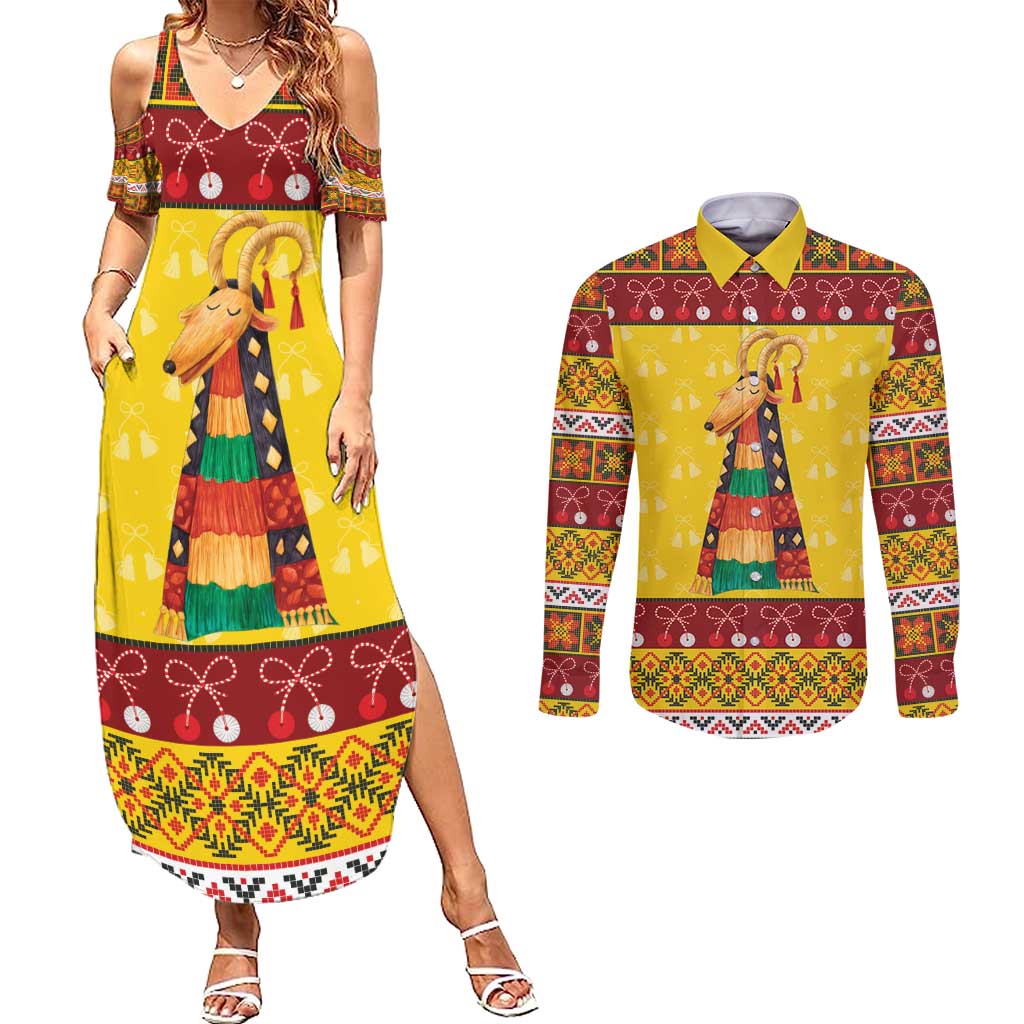Personalized Moldova Christmas Couples Matching Summer Maxi Dress and Long Sleeve Button Shirt Capra Goat Folk Costume - Wonder Print Shop