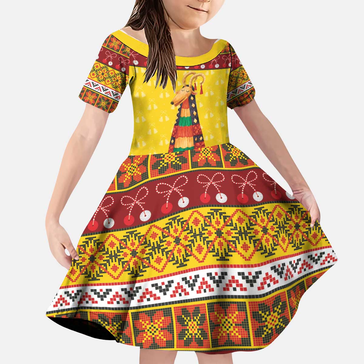 Personalized Moldova Christmas Kid Short Sleeve Dress Capra Goat Folk Costume - Wonder Print Shop