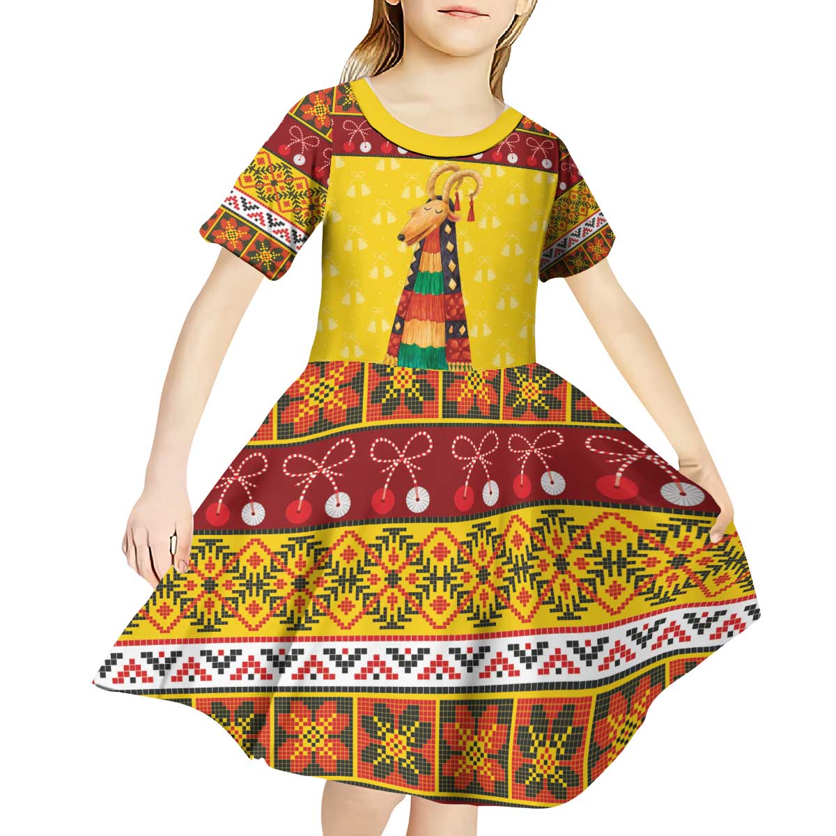 Personalized Moldova Christmas Kid Short Sleeve Dress Capra Goat Folk Costume - Wonder Print Shop