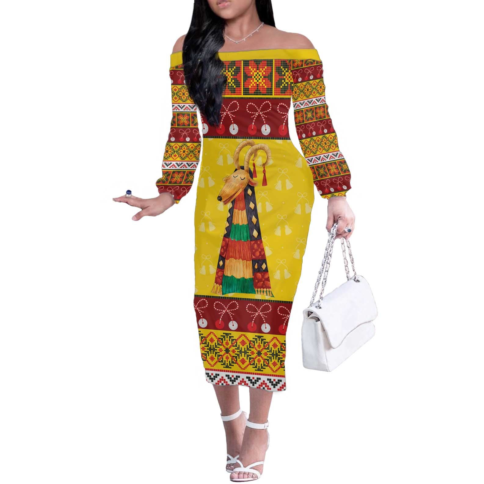 Personalized Moldova Christmas Off The Shoulder Long Sleeve Dress Capra Goat Folk Costume - Wonder Print Shop