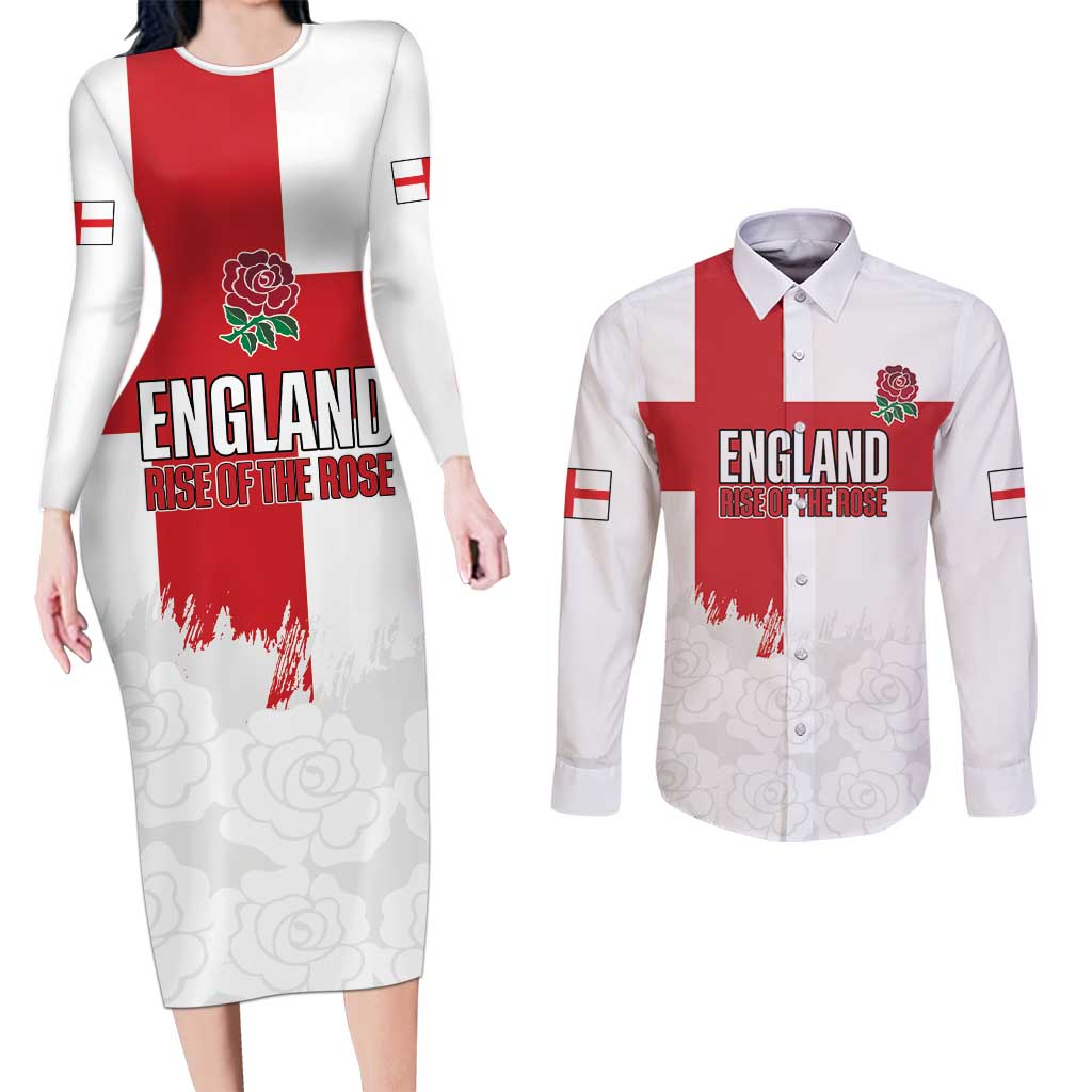 Women Rugby England Couples Matching Long Sleeve Bodycon Dress and Long Sleeve Button Shirt Rise of the Rose World Champions - Wonder Print Shop