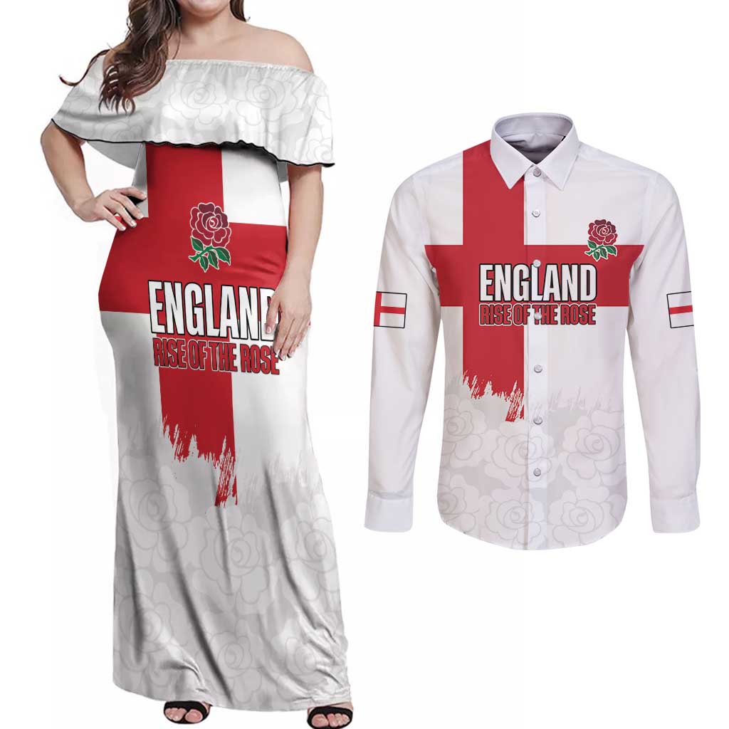 Women Rugby England Couples Matching Off Shoulder Maxi Dress and Long Sleeve Button Shirt Rise of the Rose World Champions - Wonder Print Shop