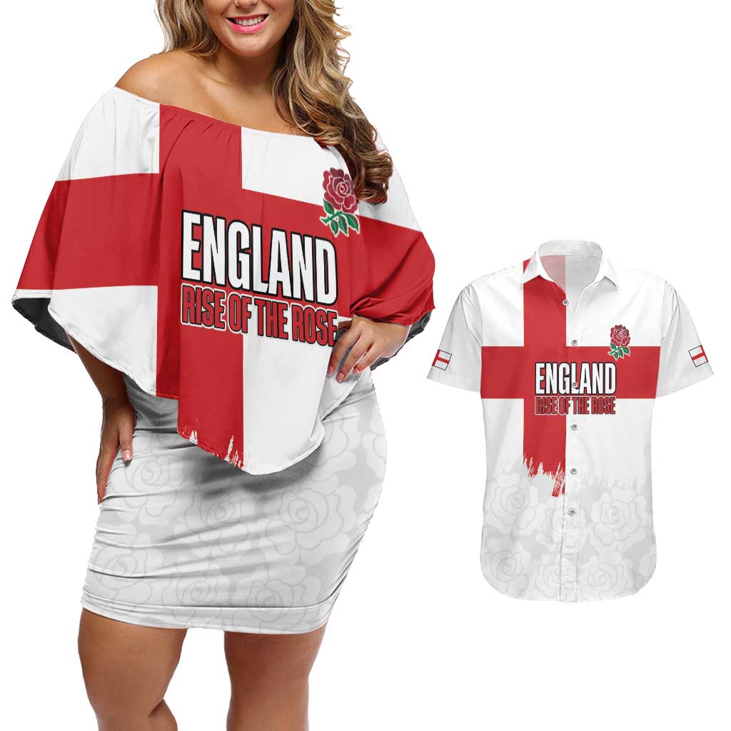 Women Rugby England Couples Matching Off Shoulder Short Dress and Hawaiian Shirt Rise of the Rose World Champions - Wonder Print Shop