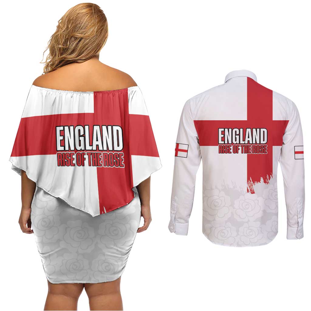 Women Rugby England Couples Matching Off Shoulder Short Dress and Long Sleeve Button Shirt Rise of the Rose World Champions - Wonder Print Shop