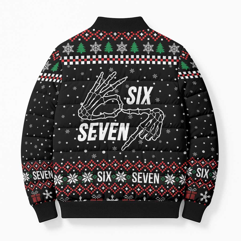 Six Seven Skeleton Hand Christmas Bomber Puffer Jacket Meme Gen Alpha Slang - Wonder Print Shop