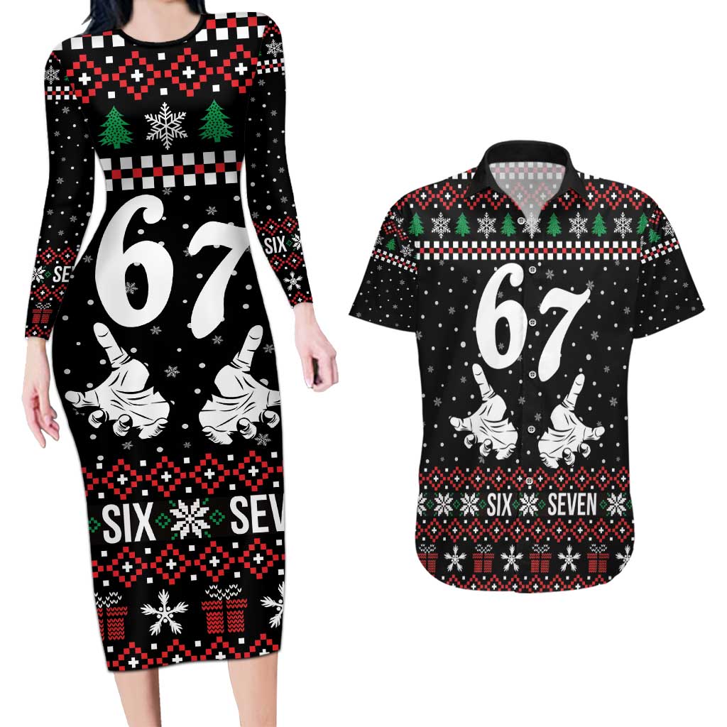 Six Seven Skeleton Hand Christmas Couples Matching Long Sleeve Bodycon Dress and Hawaiian Shirt Meme Gen Alpha Slang - Wonder Print Shop