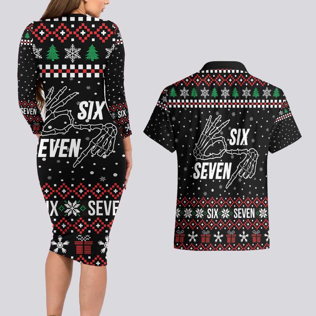 Six Seven Skeleton Hand Christmas Couples Matching Long Sleeve Bodycon Dress and Hawaiian Shirt Meme Gen Alpha Slang - Wonder Print Shop