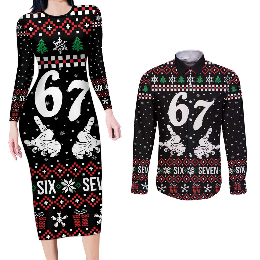 Six Seven Skeleton Hand Christmas Couples Matching Long Sleeve Bodycon Dress and Long Sleeve Button Shirt Meme Gen Alpha Slang - Wonder Print Shop