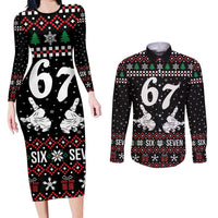 Six Seven Skeleton Hand Christmas Couples Matching Long Sleeve Bodycon Dress and Long Sleeve Button Shirt Meme Gen Alpha Slang - Wonder Print Shop