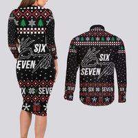 Six Seven Skeleton Hand Christmas Couples Matching Long Sleeve Bodycon Dress and Long Sleeve Button Shirt Meme Gen Alpha Slang - Wonder Print Shop