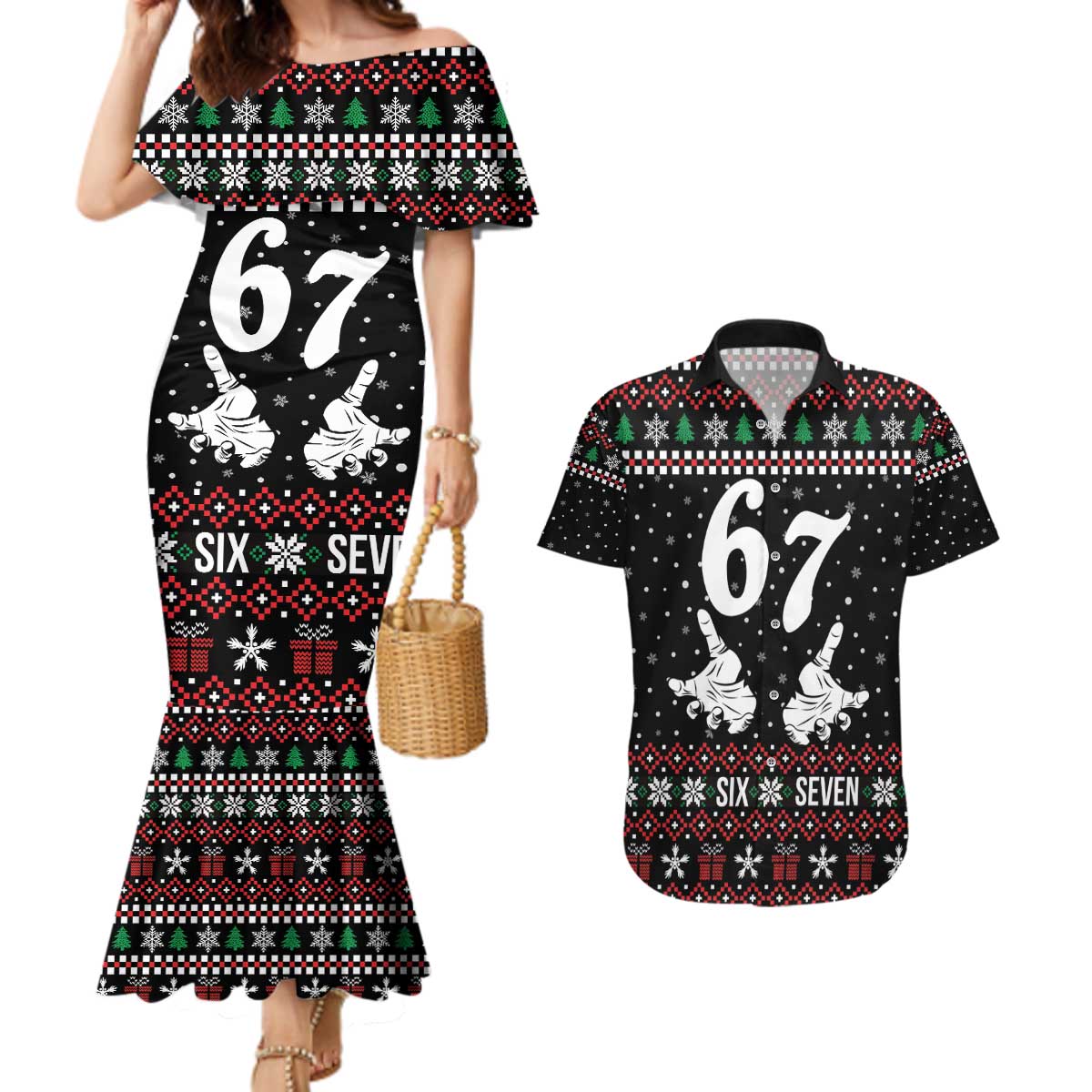 Six Seven Skeleton Hand Christmas Couples Matching Mermaid Dress and Hawaiian Shirt Meme Gen Alpha Slang - Wonder Print Shop