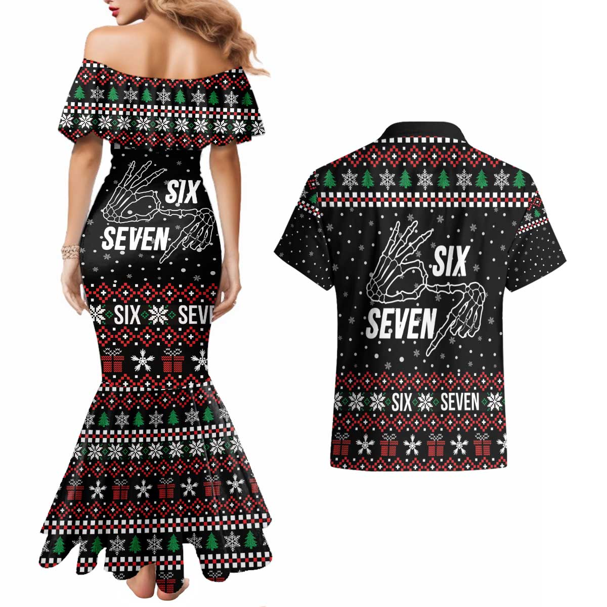 Six Seven Skeleton Hand Christmas Couples Matching Mermaid Dress and Hawaiian Shirt Meme Gen Alpha Slang - Wonder Print Shop