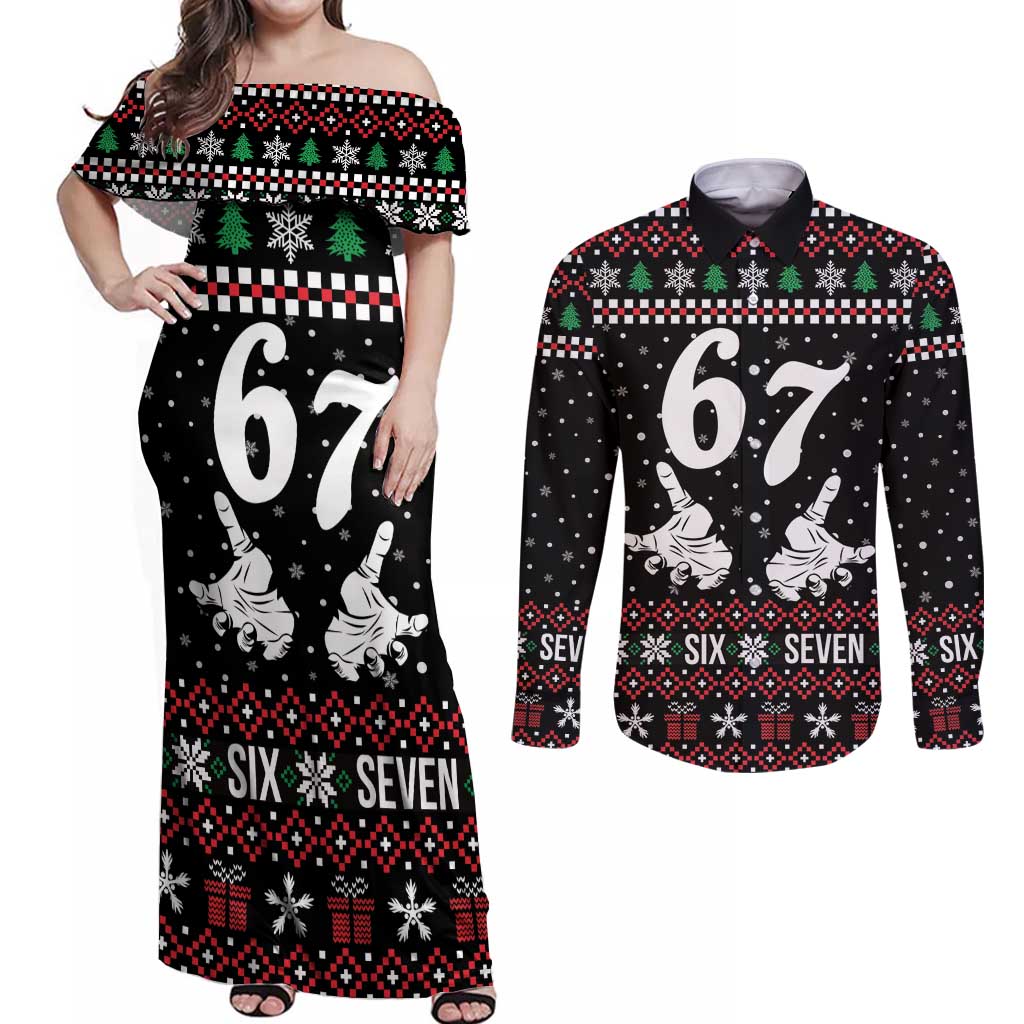 Six Seven Skeleton Hand Christmas Couples Matching Off Shoulder Maxi Dress and Long Sleeve Button Shirt Meme Gen Alpha Slang - Wonder Print Shop