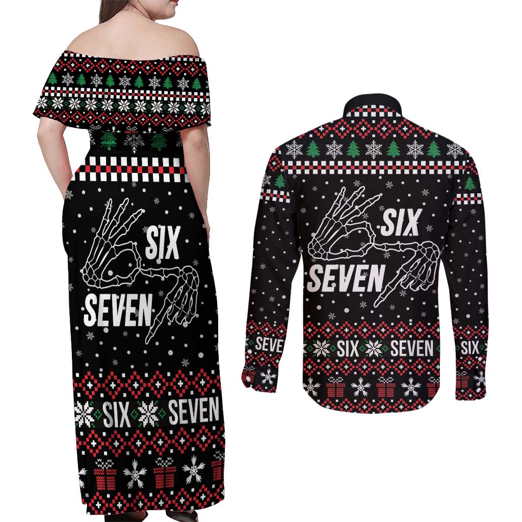 Six Seven Skeleton Hand Christmas Couples Matching Off Shoulder Maxi Dress and Long Sleeve Button Shirt Meme Gen Alpha Slang - Wonder Print Shop