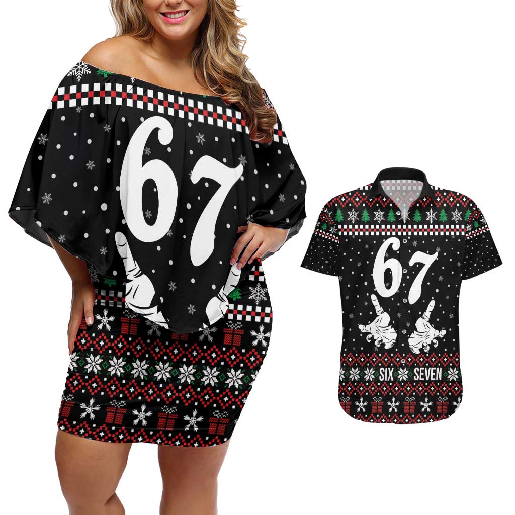 Six Seven Skeleton Hand Christmas Couples Matching Off Shoulder Short Dress and Hawaiian Shirt Meme Gen Alpha Slang - Wonder Print Shop