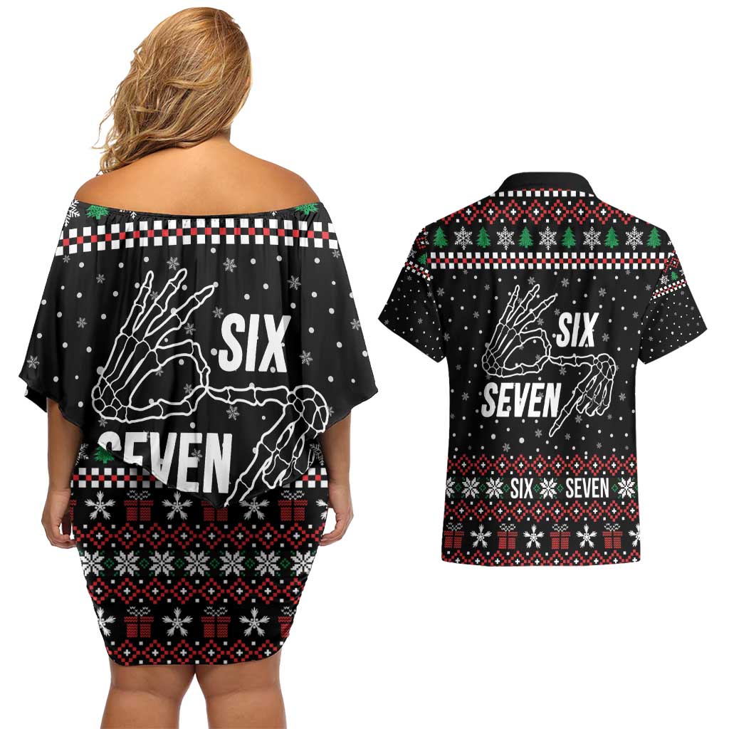 Six Seven Skeleton Hand Christmas Couples Matching Off Shoulder Short Dress and Hawaiian Shirt Meme Gen Alpha Slang - Wonder Print Shop