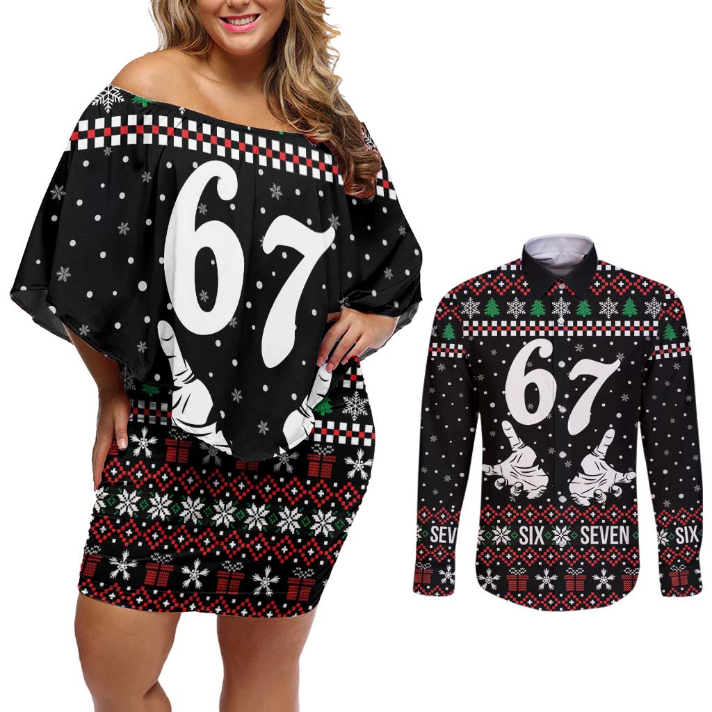 Six Seven Skeleton Hand Christmas Couples Matching Off Shoulder Short Dress and Long Sleeve Button Shirt Meme Gen Alpha Slang - Wonder Print Shop
