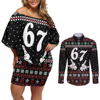 Six Seven Skeleton Hand Christmas Couples Matching Off Shoulder Short Dress and Long Sleeve Button Shirt Meme Gen Alpha Slang - Wonder Print Shop