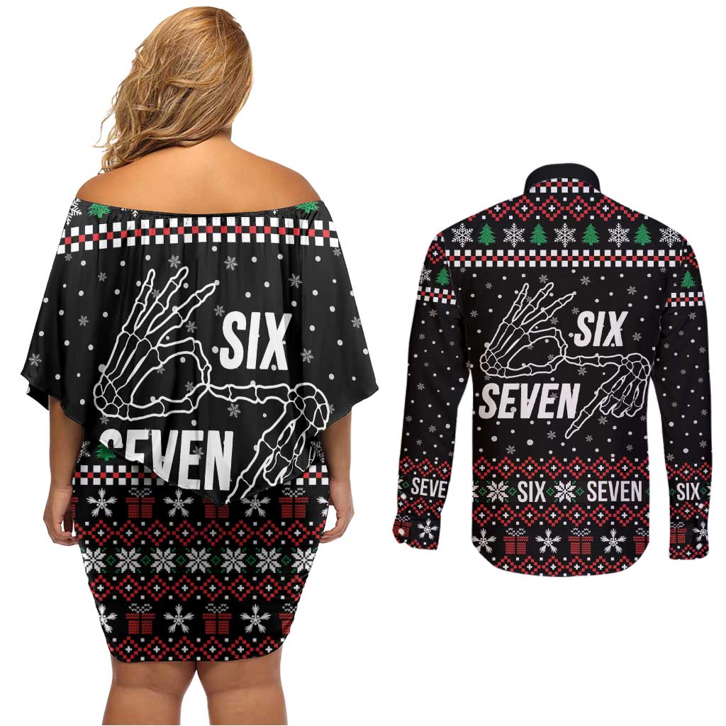 Six Seven Skeleton Hand Christmas Couples Matching Off Shoulder Short Dress and Long Sleeve Button Shirt Meme Gen Alpha Slang - Wonder Print Shop