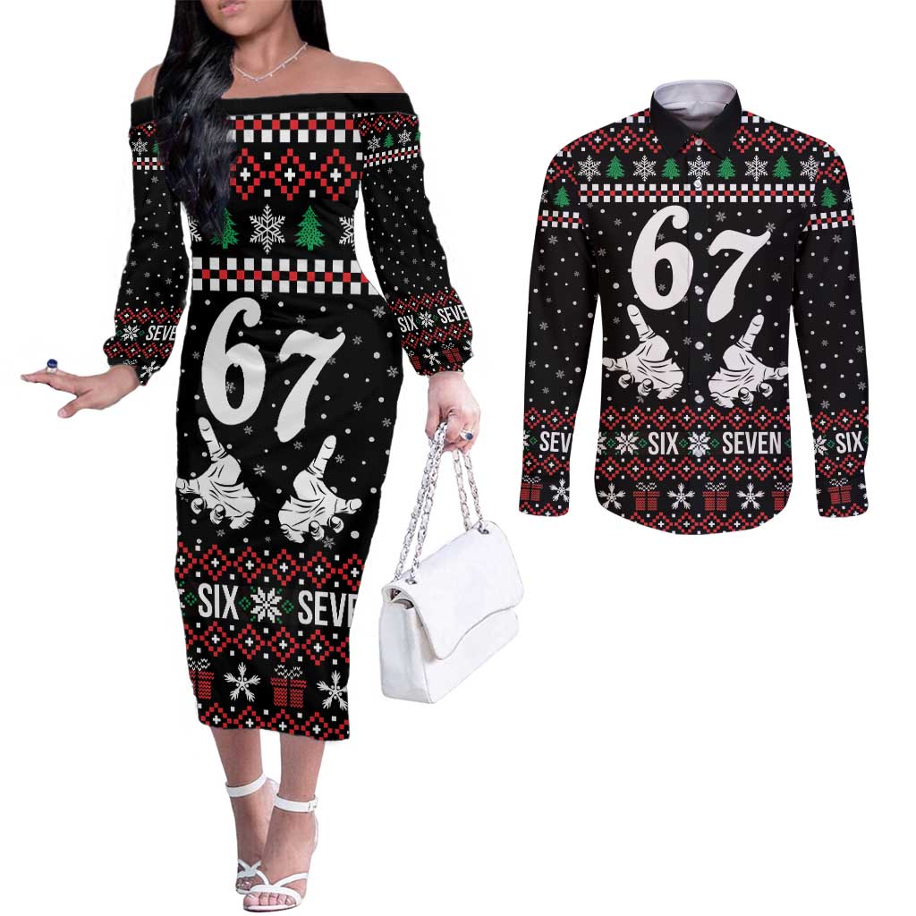 Six Seven Skeleton Hand Christmas Couples Matching Off The Shoulder Long Sleeve Dress and Long Sleeve Button Shirt Meme Gen Alpha Slang - Wonder Print Shop
