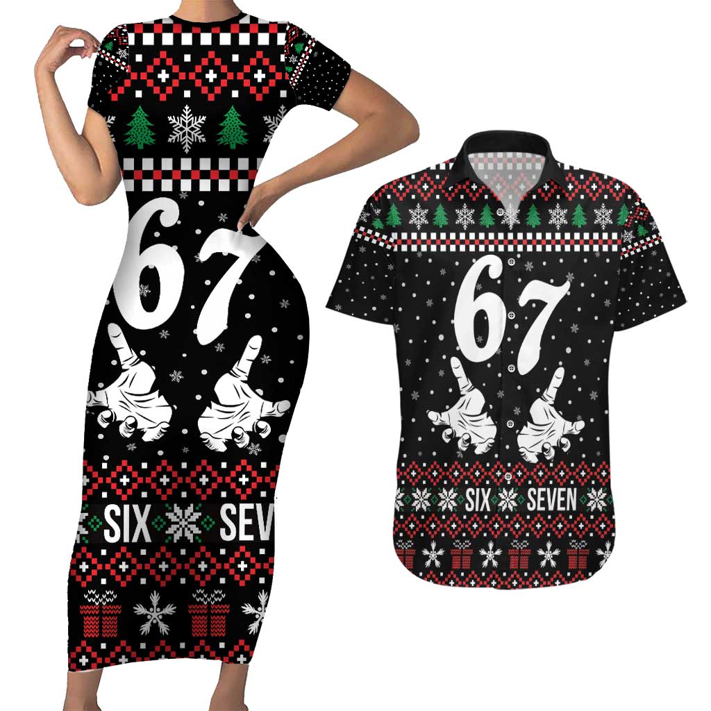 Six Seven Skeleton Hand Christmas Couples Matching Short Sleeve Bodycon Dress and Hawaiian Shirt Meme Gen Alpha Slang - Wonder Print Shop