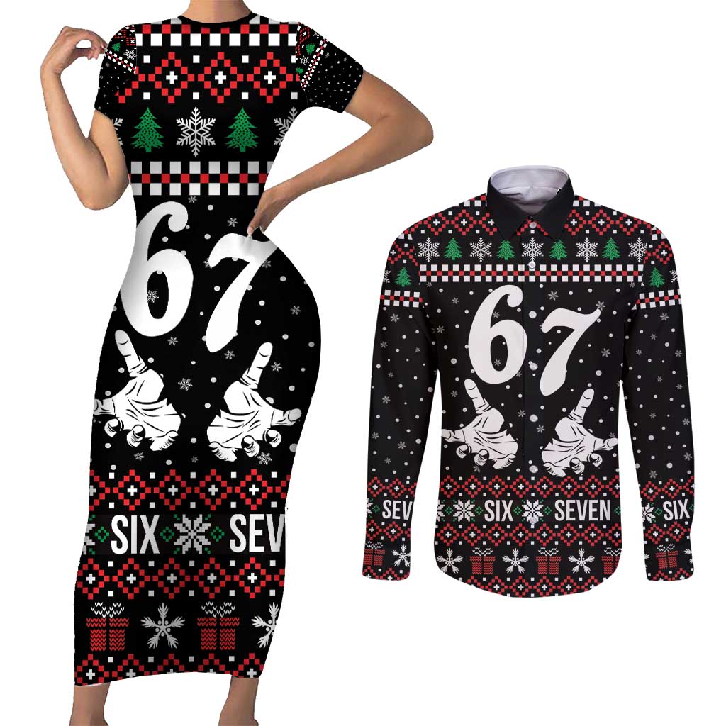 Six Seven Skeleton Hand Christmas Couples Matching Short Sleeve Bodycon Dress and Long Sleeve Button Shirt Meme Gen Alpha Slang - Wonder Print Shop