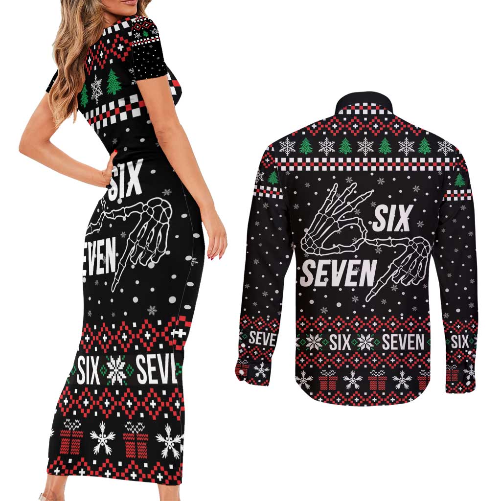 Six Seven Skeleton Hand Christmas Couples Matching Short Sleeve Bodycon Dress and Long Sleeve Button Shirt Meme Gen Alpha Slang - Wonder Print Shop