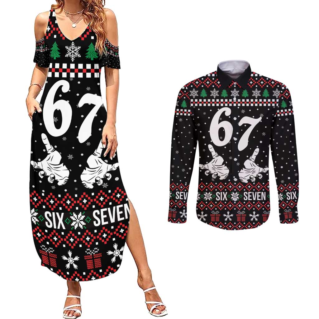 Six Seven Skeleton Hand Christmas Couples Matching Summer Maxi Dress and Long Sleeve Button Shirt Meme Gen Alpha Slang - Wonder Print Shop