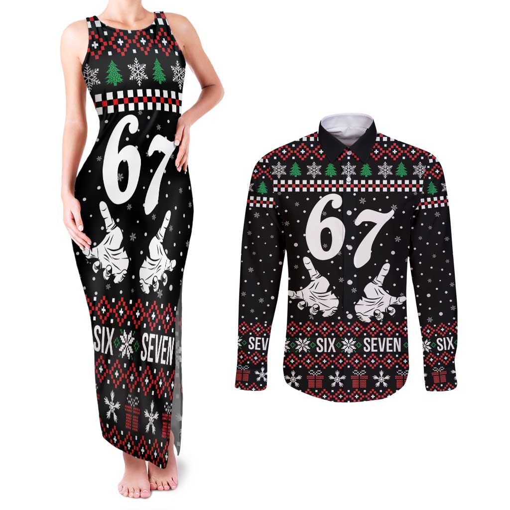 Six Seven Skeleton Hand Christmas Couples Matching Tank Maxi Dress and Long Sleeve Button Shirt Meme Gen Alpha Slang - Wonder Print Shop