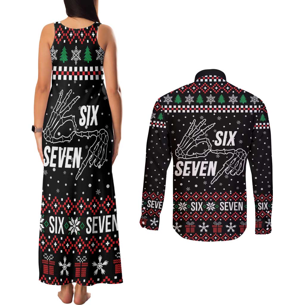 Six Seven Skeleton Hand Christmas Couples Matching Tank Maxi Dress and Long Sleeve Button Shirt Meme Gen Alpha Slang - Wonder Print Shop