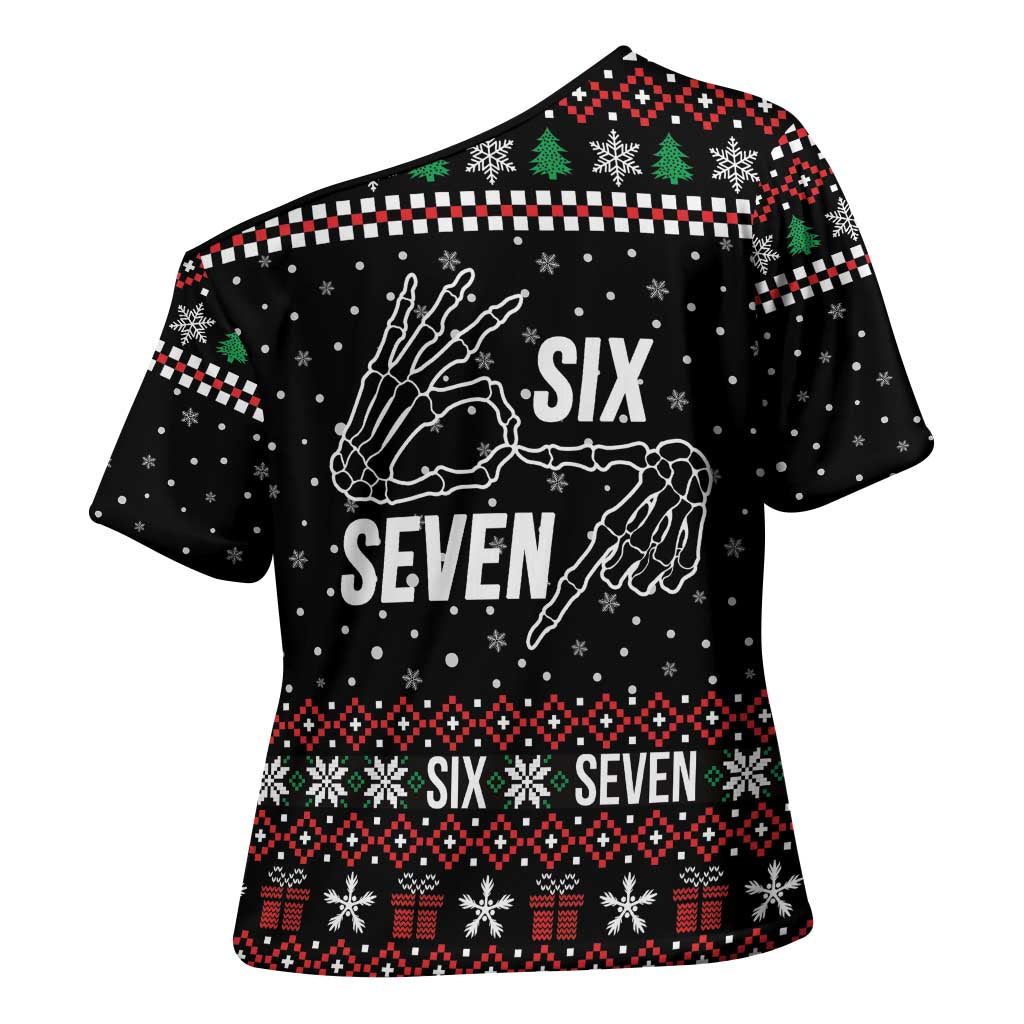 Six Seven Skeleton Hand Christmas Cross Shoulder Shirt Meme Gen Alpha Slang - Wonder Print Shop