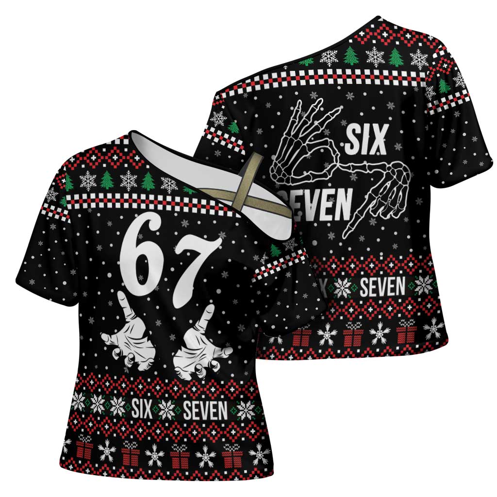 Six Seven Skeleton Hand Christmas Cross Shoulder Shirt Meme Gen Alpha Slang - Wonder Print Shop