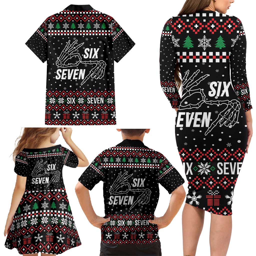 Six Seven Skeleton Hand Christmas Family Matching Long Sleeve Bodycon Dress and Hawaiian Shirt Meme Gen Alpha Slang - Wonder Print Shop