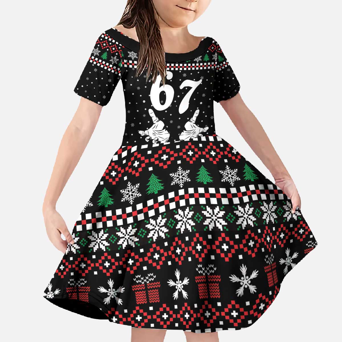 Six Seven Skeleton Hand Christmas Family Matching Off The Shoulder Long Sleeve Dress and Hawaiian Shirt Meme Gen Alpha Slang - Wonder Print Shop