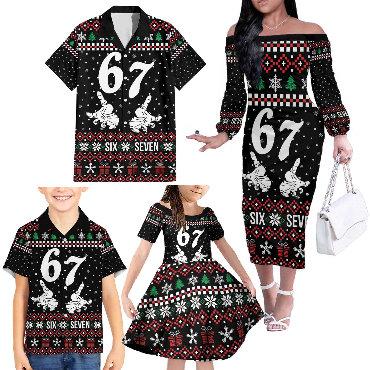 Six Seven Skeleton Hand Christmas Family Matching Off The Shoulder Long Sleeve Dress and Hawaiian Shirt Meme Gen Alpha Slang - Wonder Print Shop