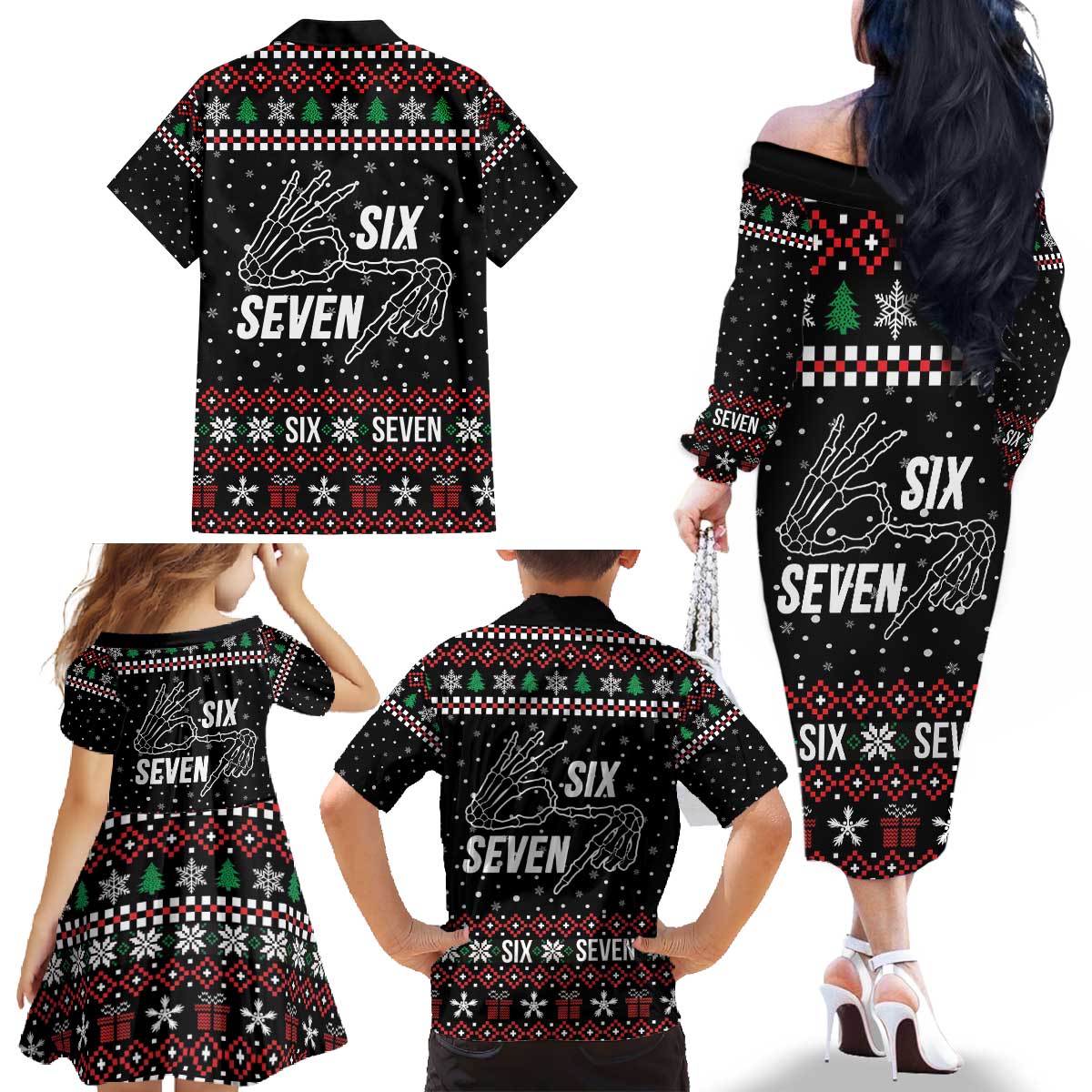 Six Seven Skeleton Hand Christmas Family Matching Off The Shoulder Long Sleeve Dress and Hawaiian Shirt Meme Gen Alpha Slang - Wonder Print Shop