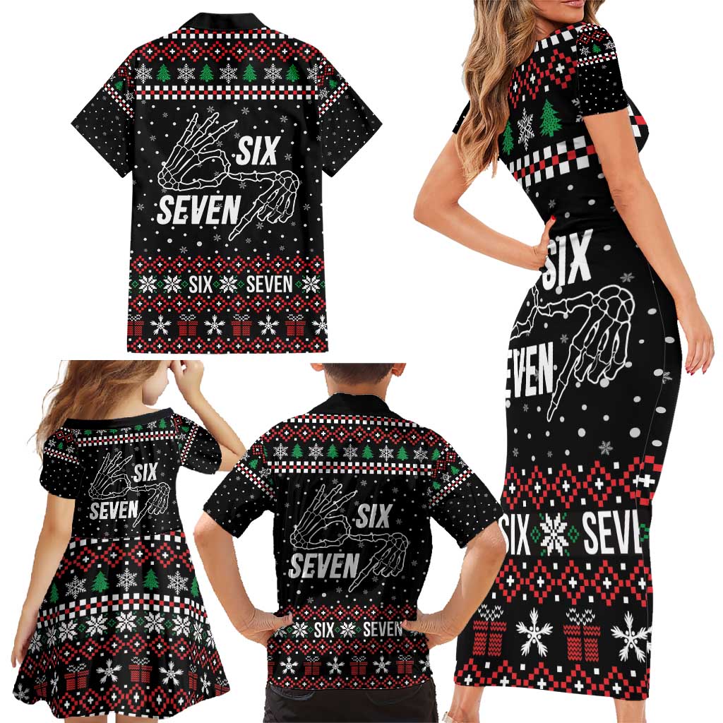 Six Seven Skeleton Hand Christmas Family Matching Short Sleeve Bodycon Dress and Hawaiian Shirt Meme Gen Alpha Slang - Wonder Print Shop