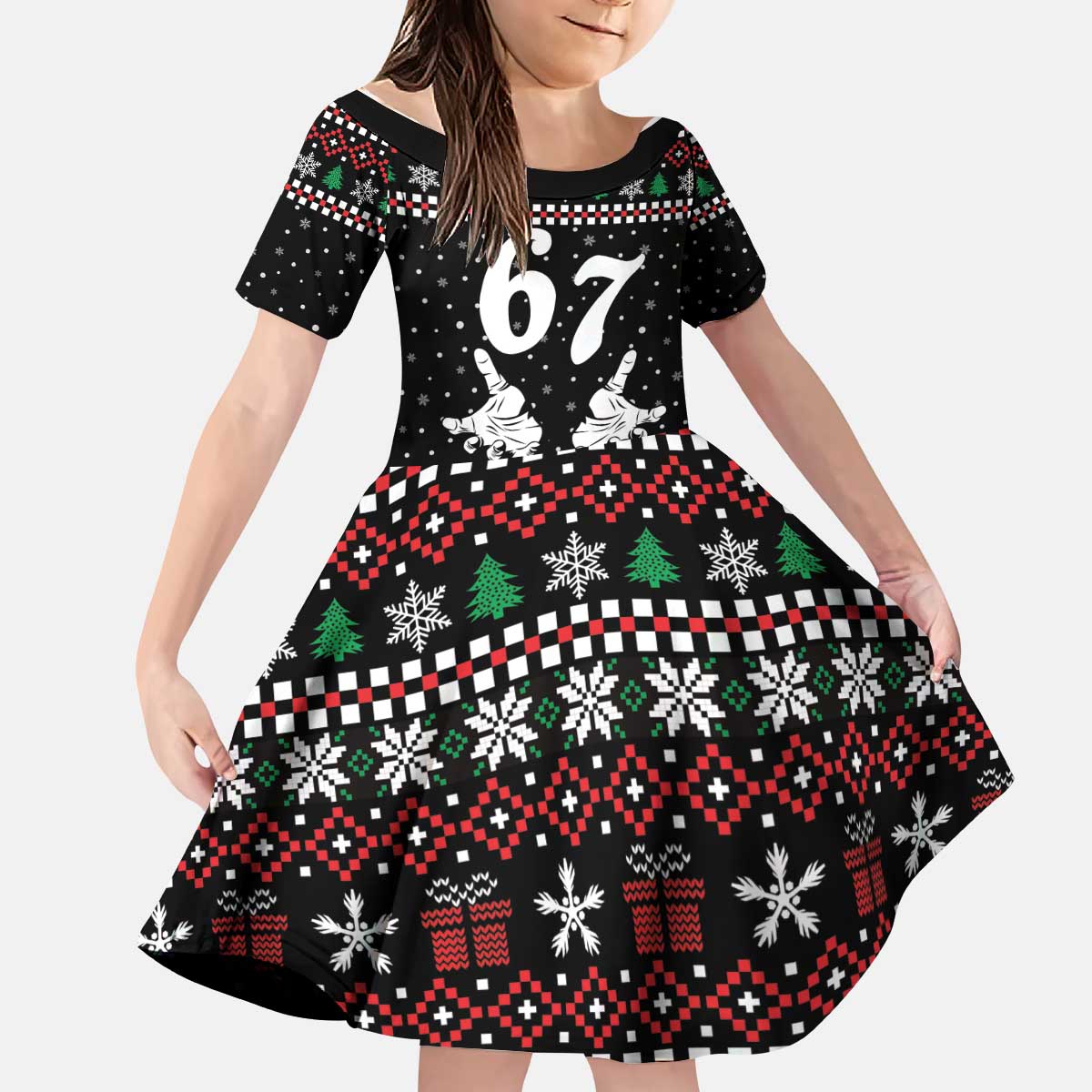 Six Seven Skeleton Hand Christmas Kid Short Sleeve Dress Meme Gen Alpha Slang - Wonder Print Shop