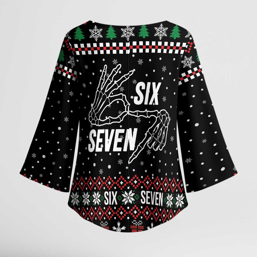 Six Seven Skeleton Hand Christmas Kimono Sleeve Blouse Meme Gen Alpha Slang - Wonder Print Shop