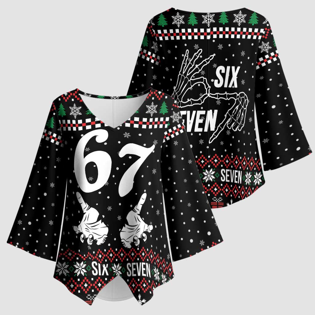 Six Seven Skeleton Hand Christmas Kimono Sleeve Blouse Meme Gen Alpha Slang - Wonder Print Shop