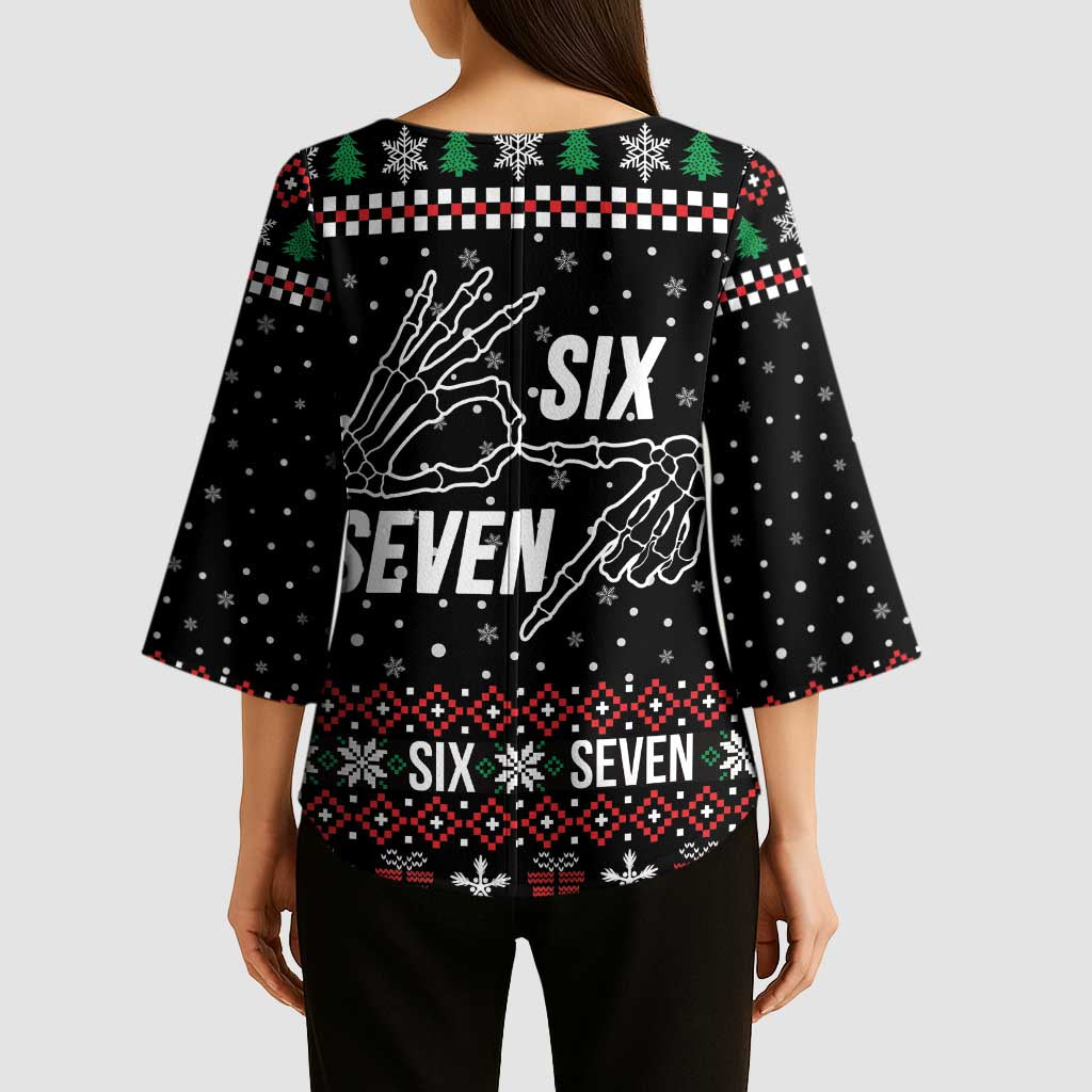 Six Seven Skeleton Hand Christmas Kimono Sleeve Blouse Meme Gen Alpha Slang - Wonder Print Shop