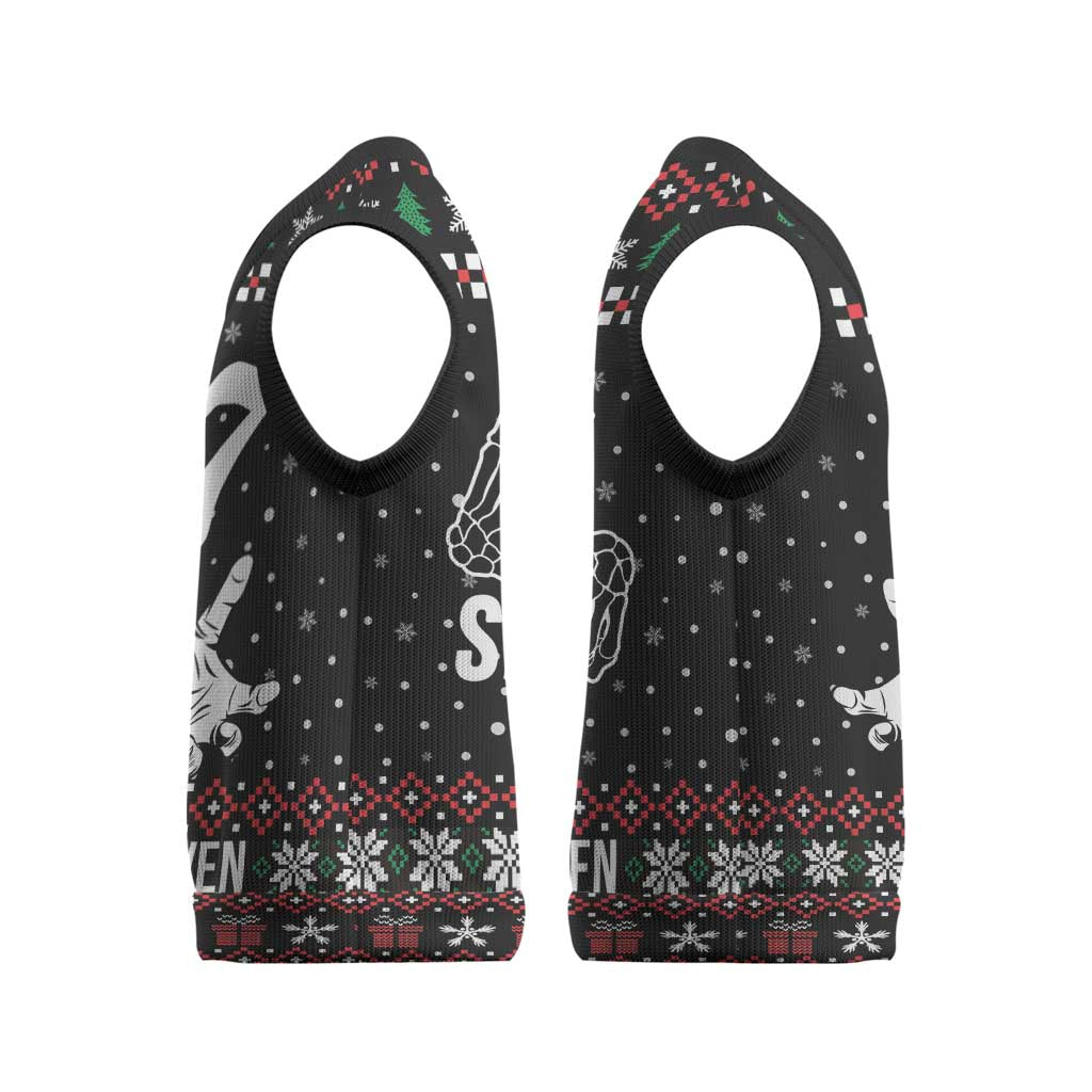 Six Seven Skeleton Hand Christmas Knitted V-Neck Vest Meme Gen Alpha Slang - Wonder Print Shop
