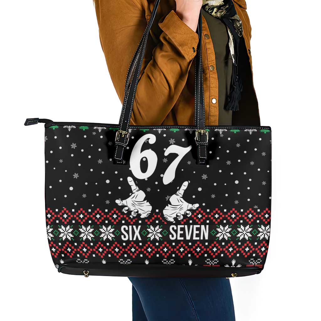 Six Seven Skeleton Hand Christmas Leather Tote Bag Meme Gen Alpha Slang - Wonder Print Shop