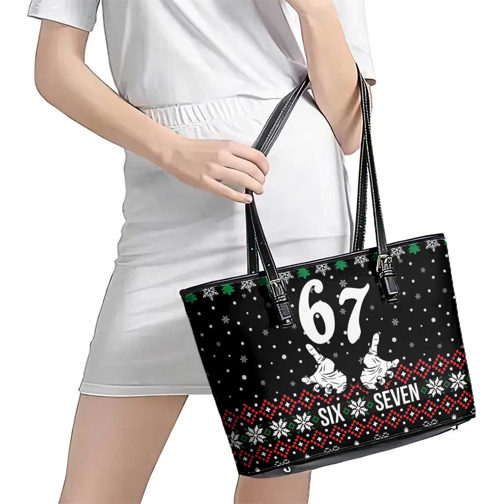 Six Seven Skeleton Hand Christmas Leather Tote Bag Meme Gen Alpha Slang - Wonder Print Shop