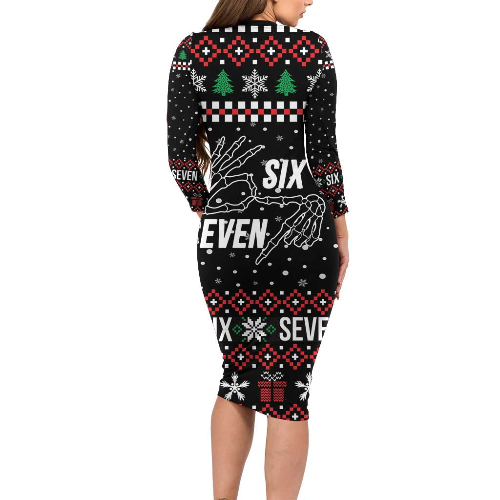 Six Seven Skeleton Hand Christmas Long Sleeve Bodycon Dress Meme Gen Alpha Slang - Wonder Print Shop