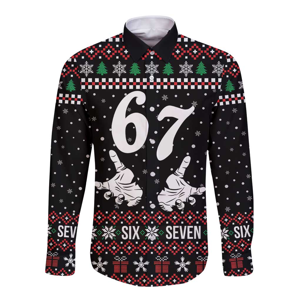 Six Seven Skeleton Hand Christmas Long Sleeve Button Shirt Meme Gen Alpha Slang - Wonder Print Shop