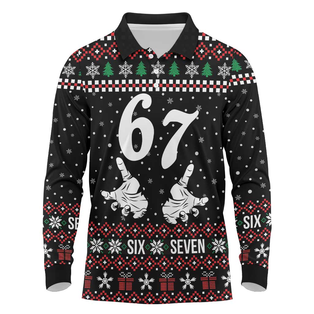 Six Seven Skeleton Hand Christmas Long Sleeve Polo Shirt Meme Gen Alpha Slang - Wonder Print Shop