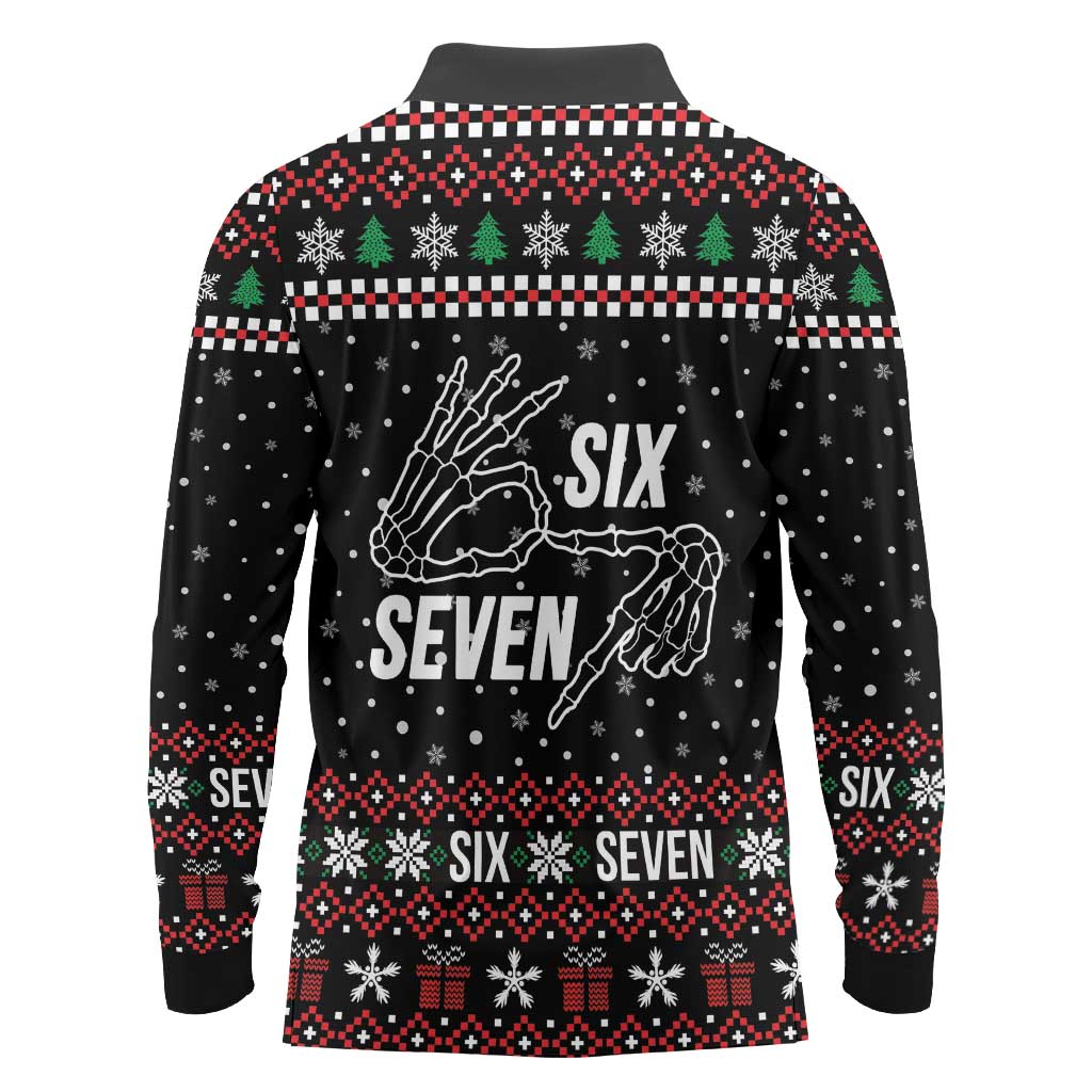 Six Seven Skeleton Hand Christmas Long Sleeve Polo Shirt Meme Gen Alpha Slang - Wonder Print Shop