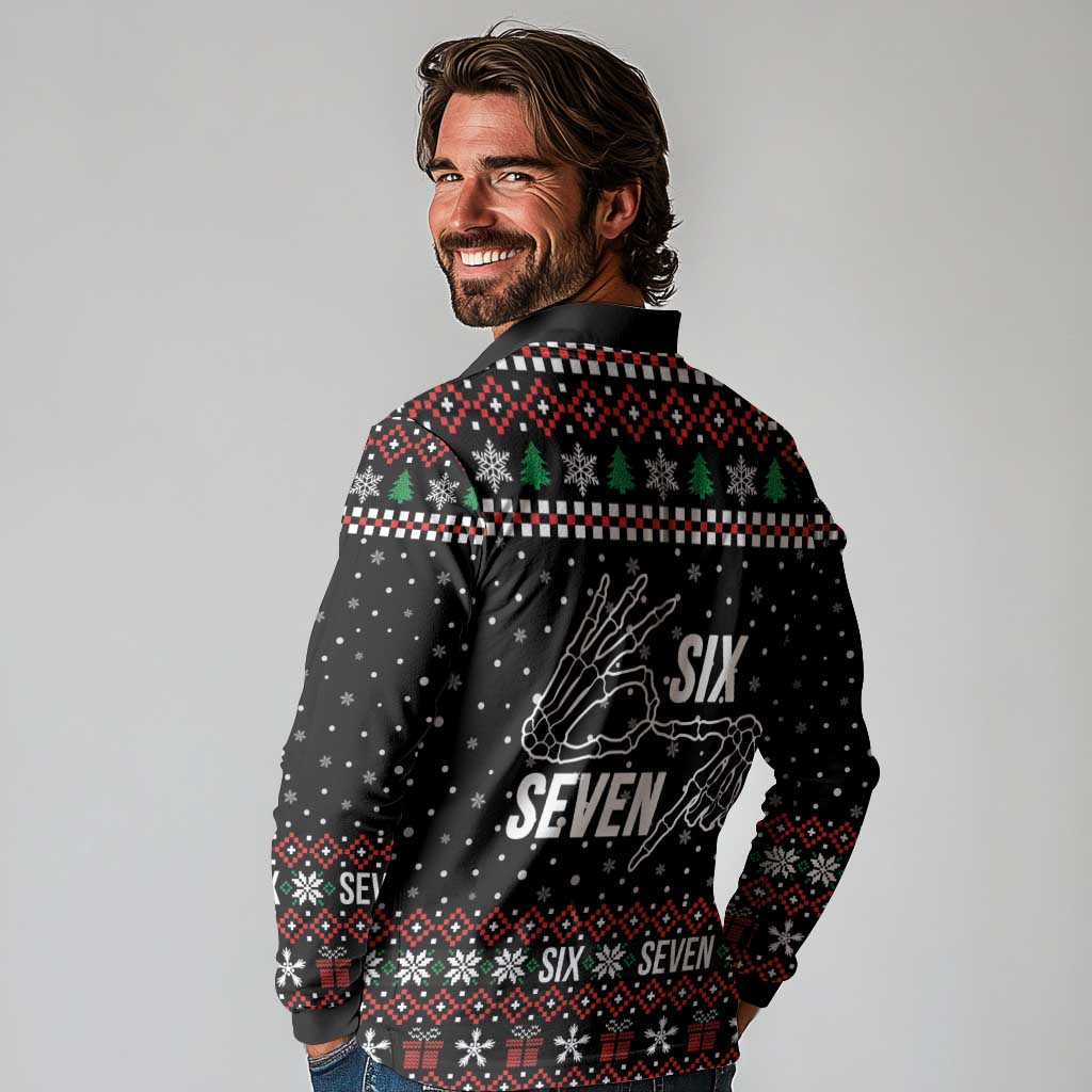 Six Seven Skeleton Hand Christmas Long Sleeve Polo Shirt Meme Gen Alpha Slang - Wonder Print Shop