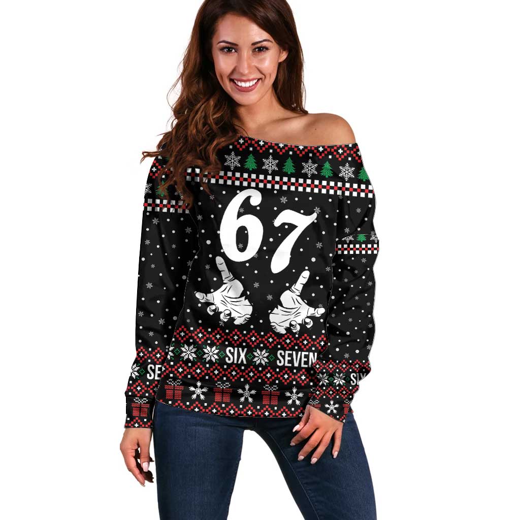 Six Seven Skeleton Hand Christmas Off Shoulder Sweater Meme Gen Alpha Slang - Wonder Print Shop